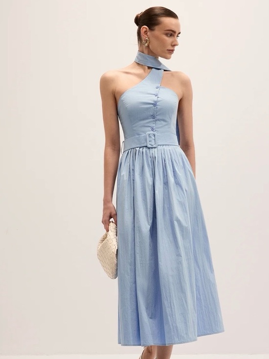 Commense Dresses & Skirts - Commense Light Blue Halter Midi Dress with Belted Waist